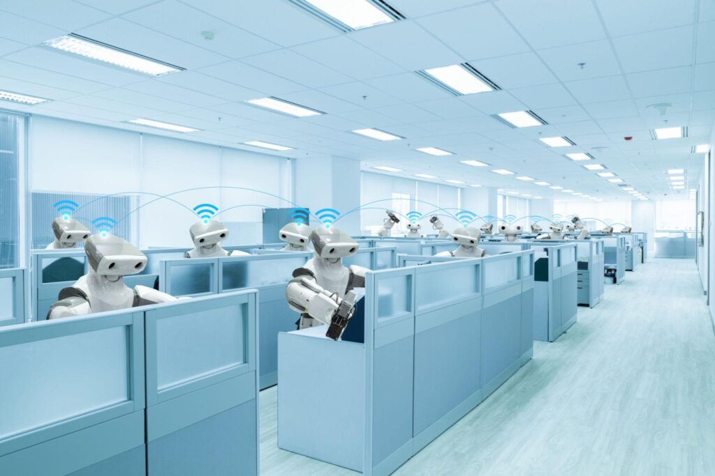 AI robots replacing human workers in modern office